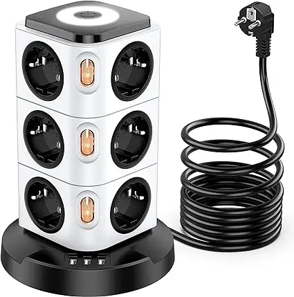 Multiprise Electrique avec 4 Interrupteurs,Acodot 12 Prises,Veilleuses de Conception Originale et Parasurtenseur 3 Ports USB, 3M Câble à la Maison et au Bureau