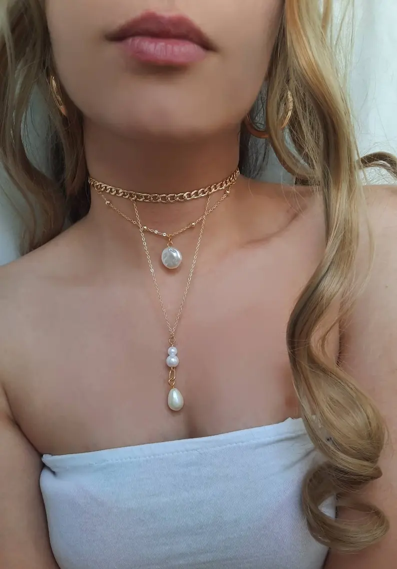 Gold Choker Necklace , Pearl Necklace , Pearl Choker , Chokers , Jewelry , Gold Plated