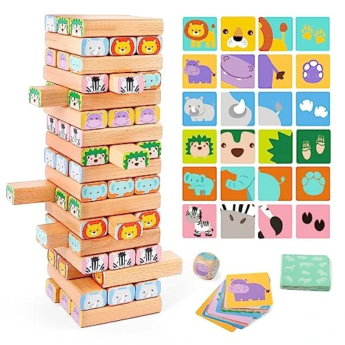 Nene Toys Jeu d’Empilage de Blocs en Bois – Jeu de Société Familial 4 en 1 Tour avec Blocs de Construction, Cartes et Dé – Jouet éducatif Animaux African Safari pour Enfants de 3 à 9 Ans