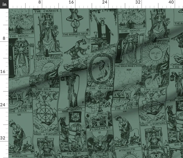 Fabric in Bold Moody Duotone Dark Sage Green & Haint Blue Vintage Tarot Card
