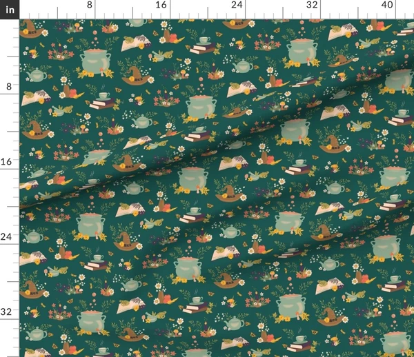 Fabric in Witch s Home Cottagecore Midnight Teal Small magic Halloween enchantment