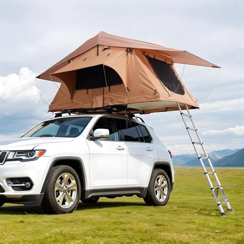 VEVOR Tente de Toit pour 2-3 Personnes, Tente de Camping pour Véhicules Pliable et Imperméable, avec Échelle Télescopique, Matelas et Housse en PVC, pour Jeep SUV Pick-up Camion Voitures, Voyage