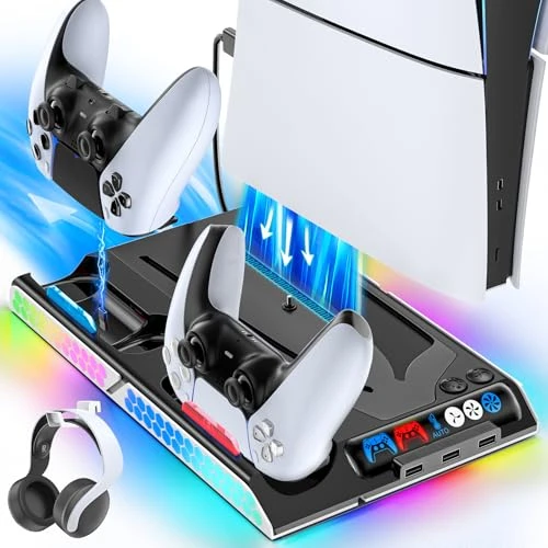 KDD Support PS5 Slim/PS5 avec Ventilateur Automatique, Station de Refroidissement PS5 à 3 Niveaux, Support de Refroidissement PS5 Vertical avec LED, Station de Charge pour Accessoires PS5/PS5 Slim
