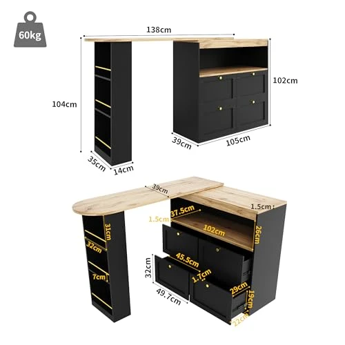 Zepneiy Table de Bar à 360° avec 4 tiroirs et étagères Ouvertes, Table pour Salle à Manger et Salon, Noir (Corps Principal 105 x 39 x 102 cm)
