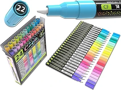 Lot de 24 marqueurs de peinture acrylique de 0,7 mm, pointe extra fine, peinture sur roche, verre, tasses, bois, métal, toile, céramique, projets de bricolage, illustration, non toxique, à base d'eau,