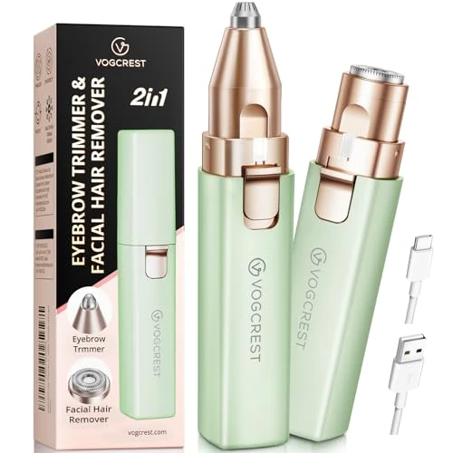 VOGCREST Tondeuse à cheveux, 2 en 1 Tondeuse facial et tondeuse à sourcils pour femmes - Rechargeable, portable, avec lumière LED