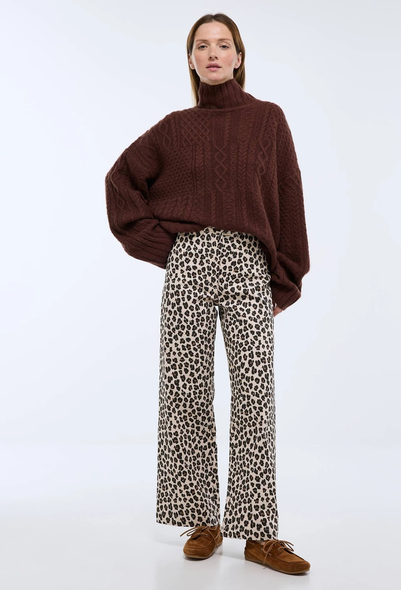 Pantalon large taille haute imprimé léopard contenant du coton