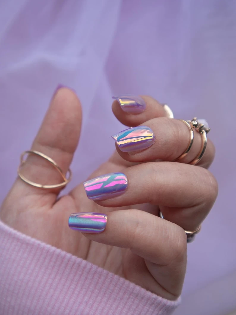 Ongles chromés miroir cyberpunk à presser, faux ongles faits main de qualité supérieure, forme carrée, cosplay d'halloween, déguisement