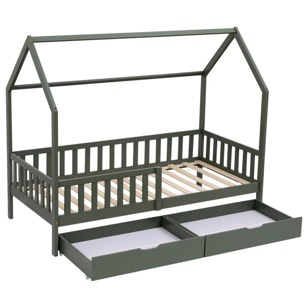 Lit cabane pour enfant 190x90cm vert avec tiroirs MARCEAU