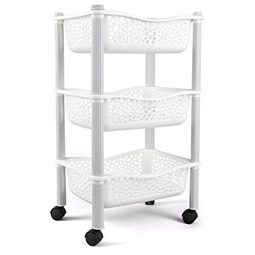 Chariot desserte à roulettes plastique 3 paniers rangement legumes panier roulante etagere paniere a fruit cuisine - Blanc
