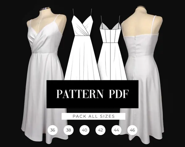 Patron de robe mi-longue A-line | Robe de bal plissée Patron PDF | Robe effet portefeuille | Modèle de robe de demoiselle d'honneur sans manches | Tutoriel vidéo de couture
