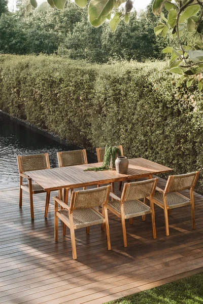 Set de table rectangulaire extensible 160-210x90 cm et 6 chaises de jardin avec accoudoirs en bois d'acacia Tenay