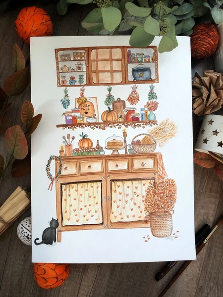 Illustration aquarelle automne - Cuisine cosy - Carte postale, affiche