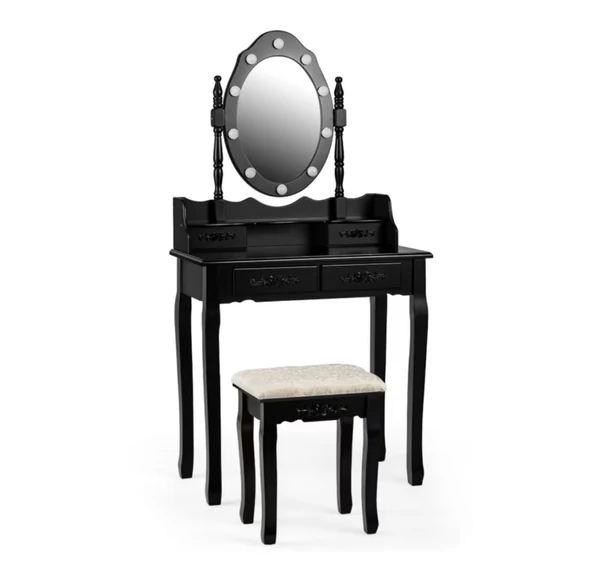 Coiffeuse avec tabouret et miroir rotatif amovible noir 75x40x146cm