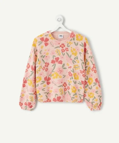 Pull fille à fleurs rose
