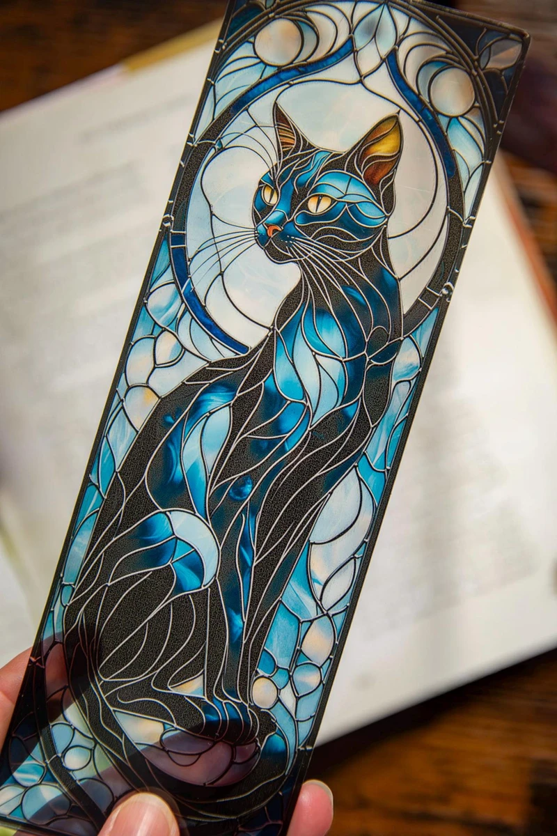 Marque-page style vitrail chat noir : cadeau pour amoureux des livres