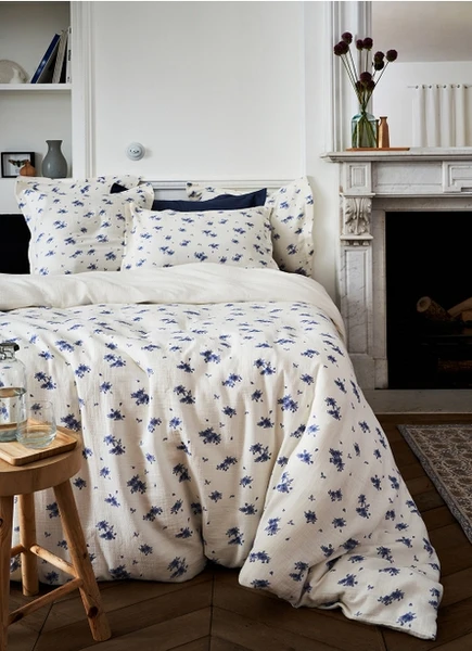 HOUSSE DE COUETTE EN GAZE DE COTON IMPRIMÉ FLEURI BLEU