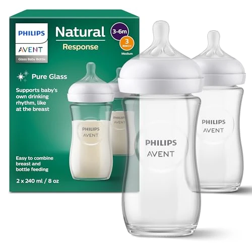 Philips Avent Lot de 2 biberons en verre à Réponse Naturelle – biberon de 240 ml, sans BPA pour les bébés de 1 mois et + (modèle SCY933/02)