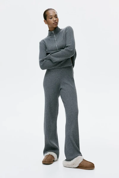 Pantalon large en maille côtelée - Gris chiné - FEMME | H&M FR