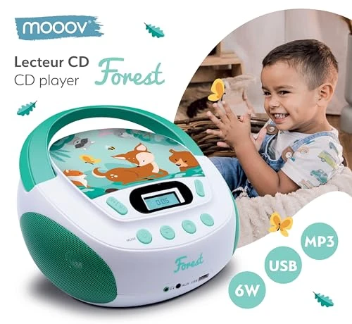 MOOOV 477147 Lecteur CD Enfant Forest MP3 et Port USB - AUX-in - Prise Casque - Poste Portable avec Poignée de Transport - Alimentation Secteur ou Piles - Vert et Blanc