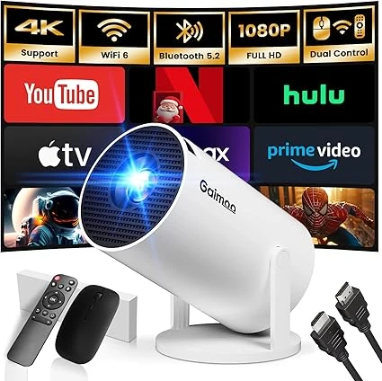 [App intégrée] Vidéoprojecteur 2025 Rétroprojecteur Portable Mini Projecteur Dual Contrôle avec Souris Android TV WiFi 6 BT5.2 180° Rotation HDMI/TV Stick/USB/PS5, avec HDMI et Souris