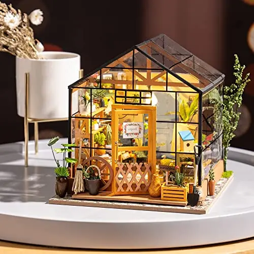 Robotime Poupées en Bois modèle Kits rénovation de Meubles - Kit de Construction Woodcraft Green House Bricolage - Jouets éducatifs, Mini Maison Miniature Diorama à la Main (Garden House)