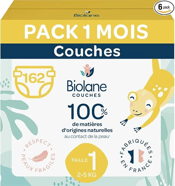 BIOLANE - Couches bébé taille 1 - (2-5 kg) - Peaux Sensibles - Ultra-Absorbant, Pas de Fuite, jusqu'à 12h au Sec - Confort & Protection - Pack 1 mois 162 couches - Fabriqué en France