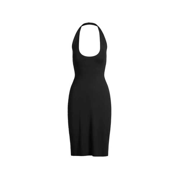 SMOOTH LAYERS PLUNGE HALTER MIDI DRESS | OBSIDIAN