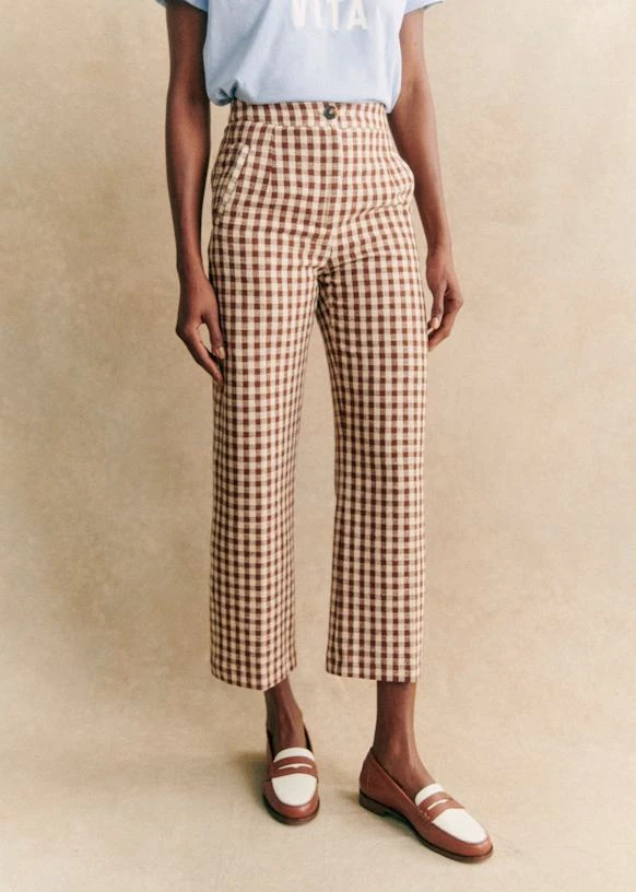 Pantalon  Martin Crop - Vichy Marron Ecru - Coton Biologique - Sézane