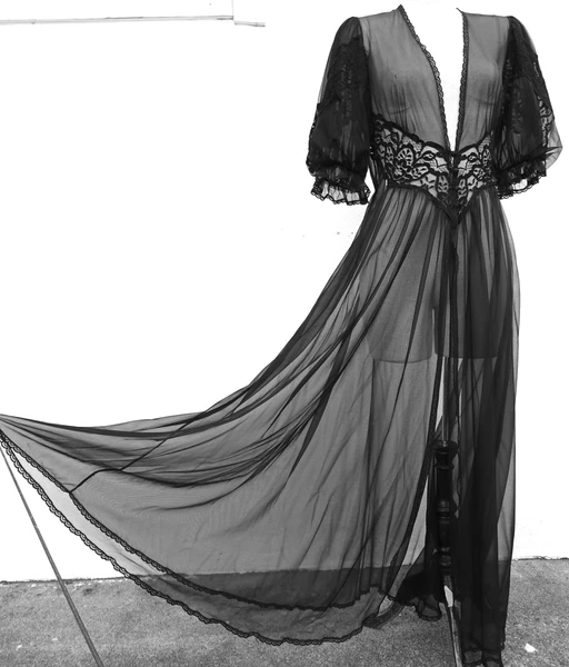 Vintage Long Peignoir Robe by Val Mode Lace Sheer Black Nylon Medium