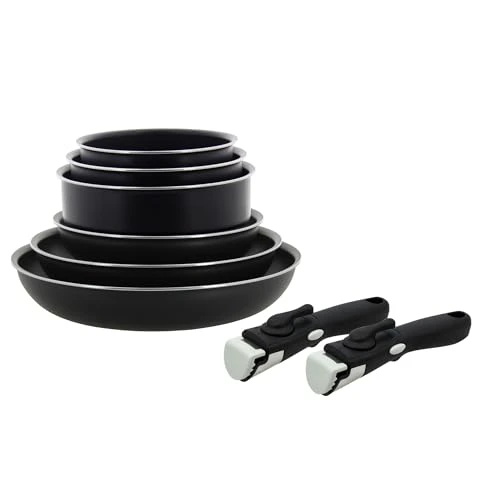 MENASTYL - set de 8 pièces – 3 poêles 20/24/28 cm + 3 casseroles 16/18/20 cm + 2 poignées amovibles sécurisées - 6020438