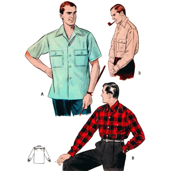 Modèle de couture des années 1950, chemise à col convertible pour hommes - Poitrine : 42 – 44 » (106 – 111 cm)