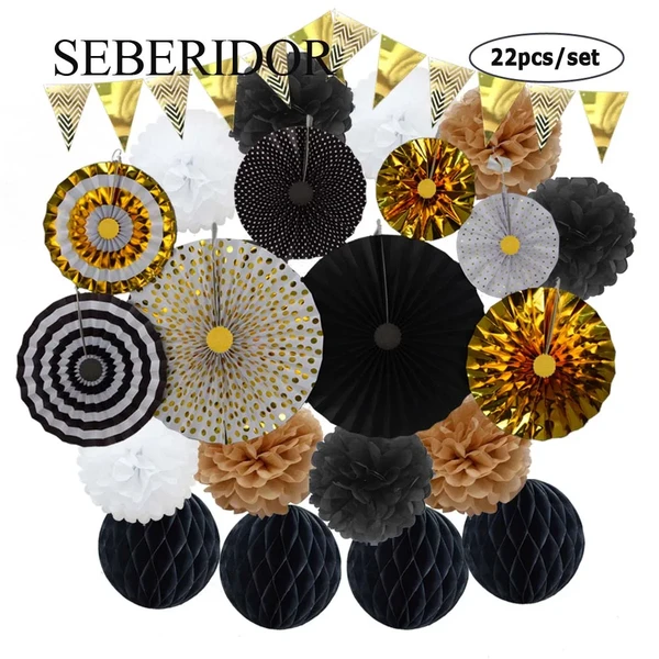 Éventail en Papier de Taille Mixte pour ixde Noël, Ensemble Noir et Or, Décor d'Anniversaire, Boule Ronde en Nid d'Abeille, Fleur en Tissu, DIY - AliExpress 15
