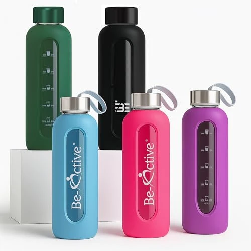 Be-Active Bouteille d'eau en Verre avec Le Temps de Boire Marquages Hydratation de Motivation sans BPA - Verre Borosilicate, Bouteille en Verre avec Couvercle en Silicone - 550 ML 1000 ML