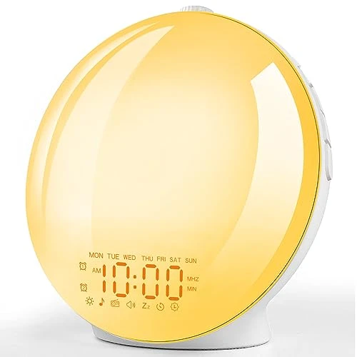 Reveil Lumineux, Réveil Lumineux Simulateur d'Aube Crépuscule avec 2 Réveils, Radio, Snooze, 20 Niveaux de Luminosité Lampe Chevet, 8 Sons Naturels, 14 Couleurs Matin Veilleuse Enfant