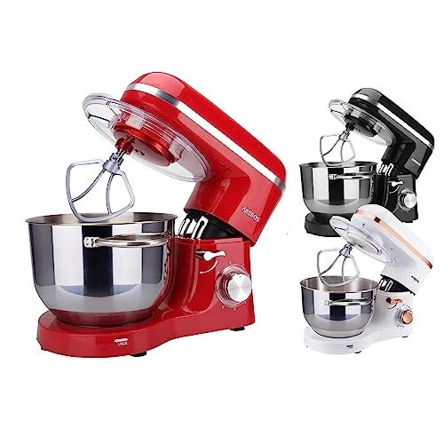 Arebos Robot Pâtissier Professionnel 1500W | Rouge | Robot de Cuisine Multifonction avec Fouet, Batteur, Crochet | Bol d'Acier Inoxydable 6 Litres | 6 Vitesses | Fonction Pulse