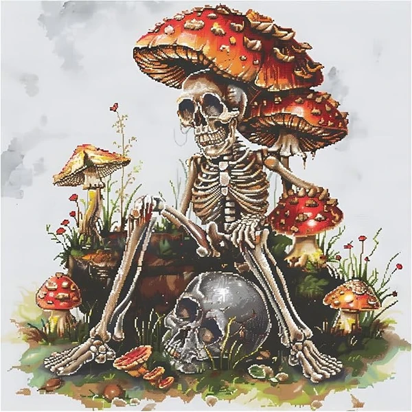 Xinpinzhou Canevas Broderie Point de Croix Kit Complet Adulte Debutant Compté Pré Imprimé Estampillé Moderne Débutant avec Fils, Facile Champignons et Crânes 11ct Cross Stitch Loisirs Créatifs Set