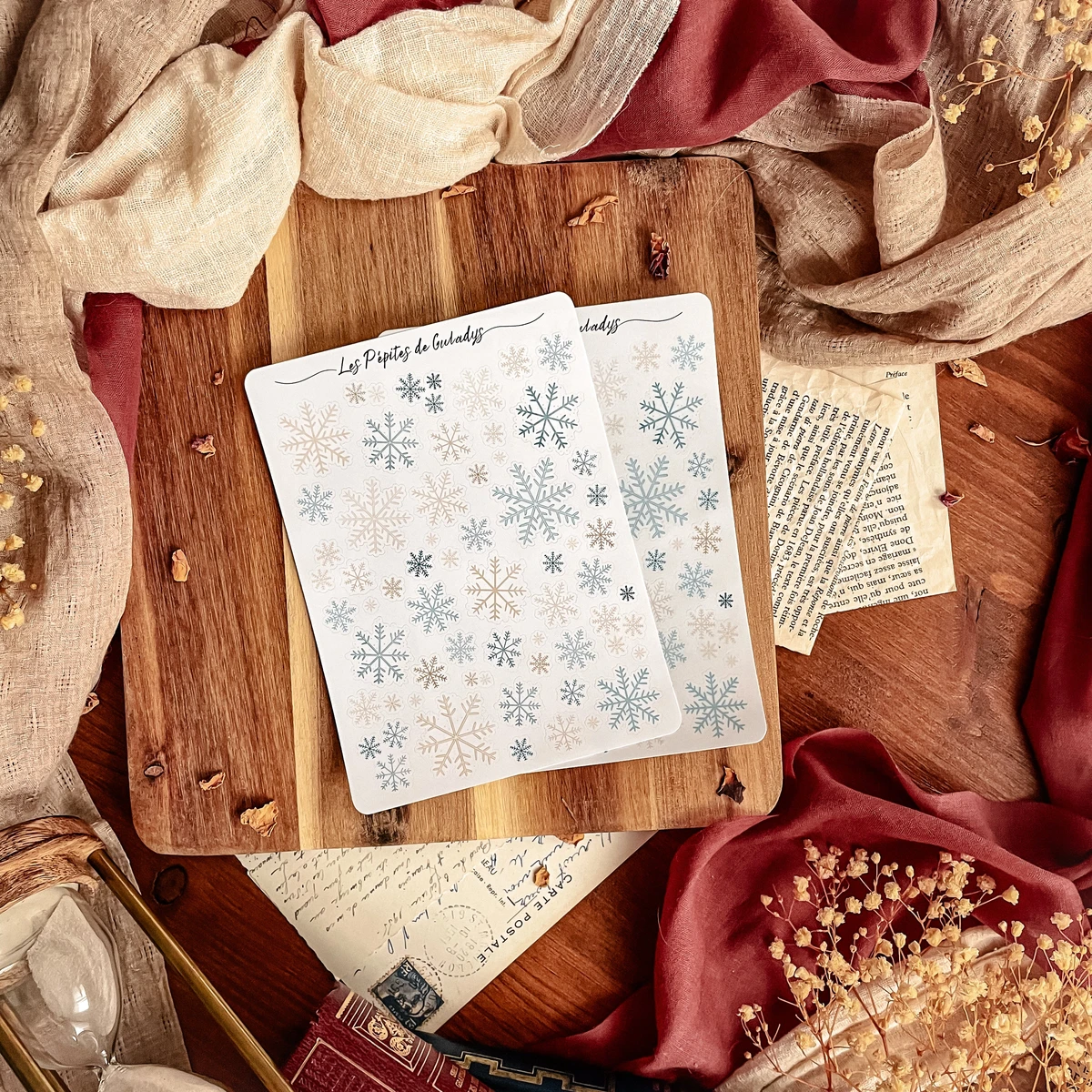 Grande planche de stickers flocons d'hiver- bleu et beige