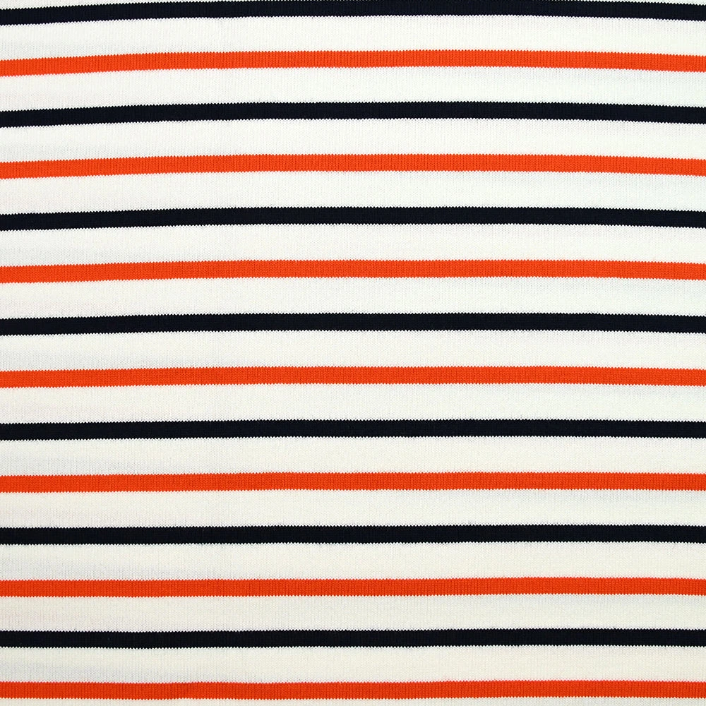 Jersey de coton rayé marine et orange fond blanc