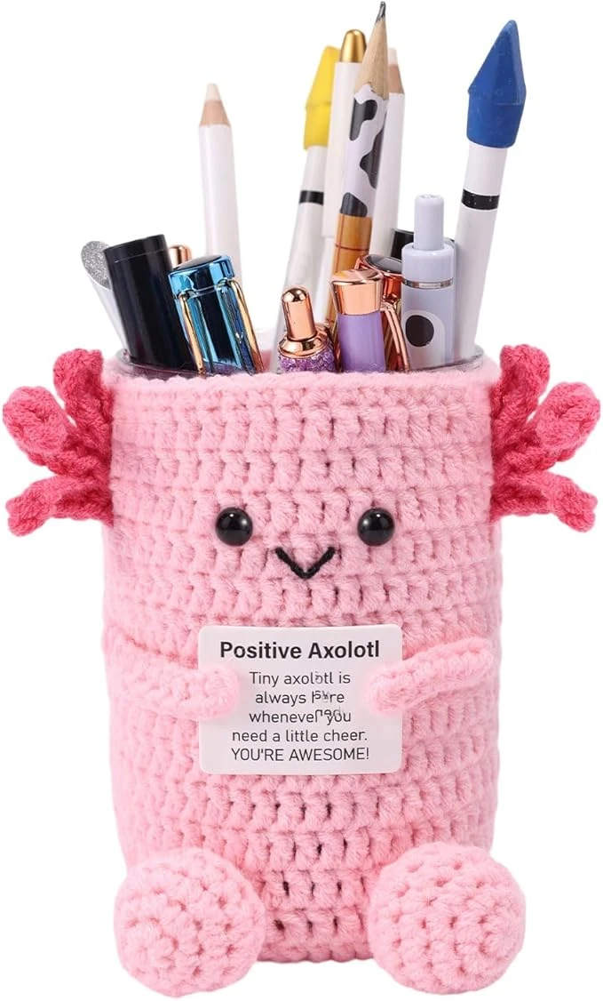Pot à Crayons Axolotl au Crochet, Porte-Stylo Animal Positif avec Carte d'Encouragement Fournitures de Rentrée Scolaire pour Motiver Élèves et Organiser le Bureau (Rose)