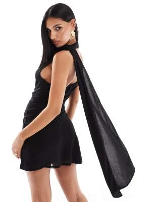 ASOS DESIGN - Robe courte drapée en mousseline stretch à fines bretelles nouées au cou - Noir | ASOS