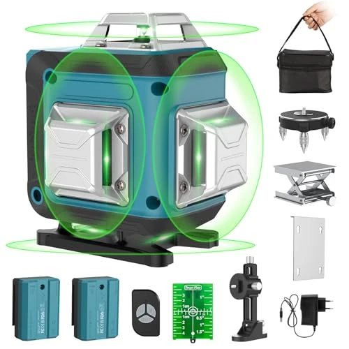 【Mode Impulsion】Niveau Laser Autonivelant Vert 4 x 360°, Laser Chantier 4D 16 Lignes, Autonivellement et Mode Pulsé Extérieur, 2 x Batterie, Nivellement Automatique, Support Rotatif, Télécommande