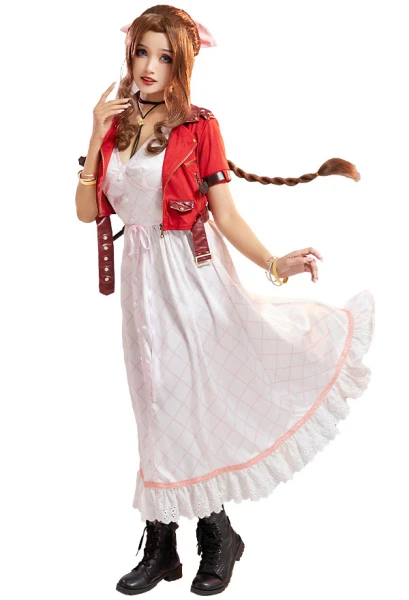 Final Fantasy Costume de Cosplay Aerith Gainsborough Robe Veste Set avec Coiffe