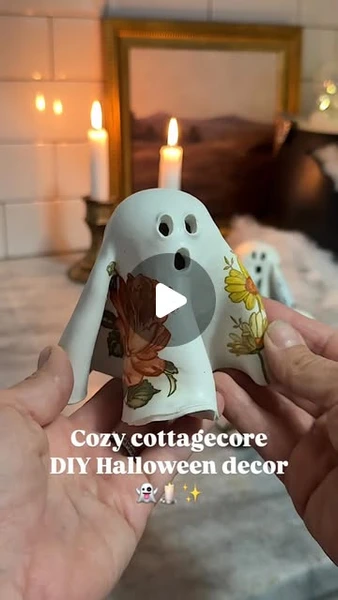 Michelle McRae on Instagram: "Easy DIY clay ghosts👻🕯️✨These little ghosts are giving full-on cottagecore fall decor vibes—and I’m obsessed. After seeing @therurallegend make them, I had to try too!Shape your clay, bake it, and decoupage with napkins for the sweetest little ghost decorations. Add a tea light and watch the spooky-cute magic come to life!Perfect Halloween craft for a kids activity or a cozy moms’ night in.🎃 Comment CLAY GHOSTS for the full DIY steps and supply list!"