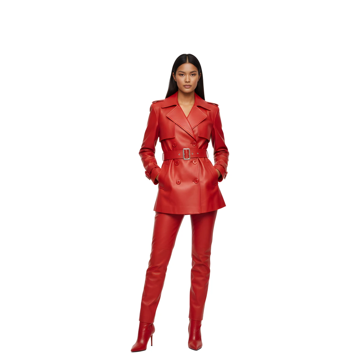 Women Leather Trench Coat and Pants Set – Double-Breasted Belted Trench Outfit – Premium Leather Set for Cosplay, Streetwear – Gift for Women