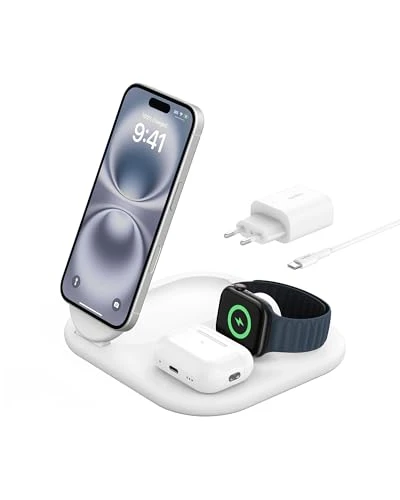 Belkin BoostCharge Socle de Recharge 2-en-1 aimanté et Pliable Qi2, 15W, Compatible MagSafe Chargeur sans Fil, Recharge Rapide, Apple iPhone 17, iPhone Air, Pixelsnap, Adaptateur Inclus - Blanc
