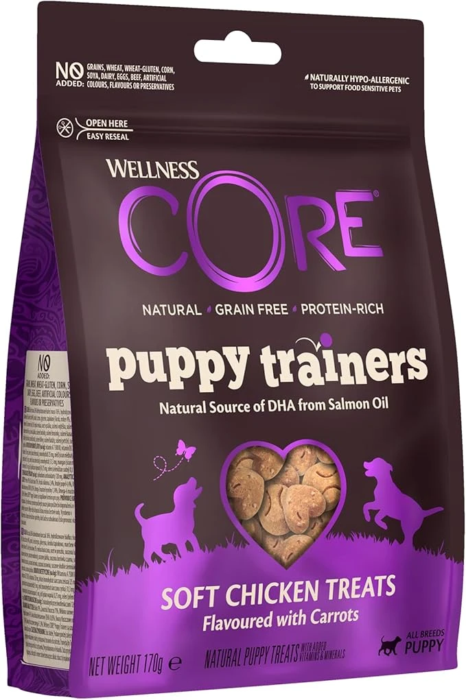 Wellness CORE, Puppy Trainers, Friandises d'apprentissage pour Chiot, 100% Naturelles, DHA & Huile de Saumon Poulet/Carottes, Sachet de 170 g