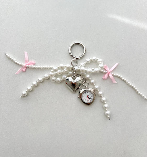 Cute pearl bow heart watch keychain, silver heart watch, cross pendant keyring, Y2K pearl bag accessory, Lolly bag charm, gift for her