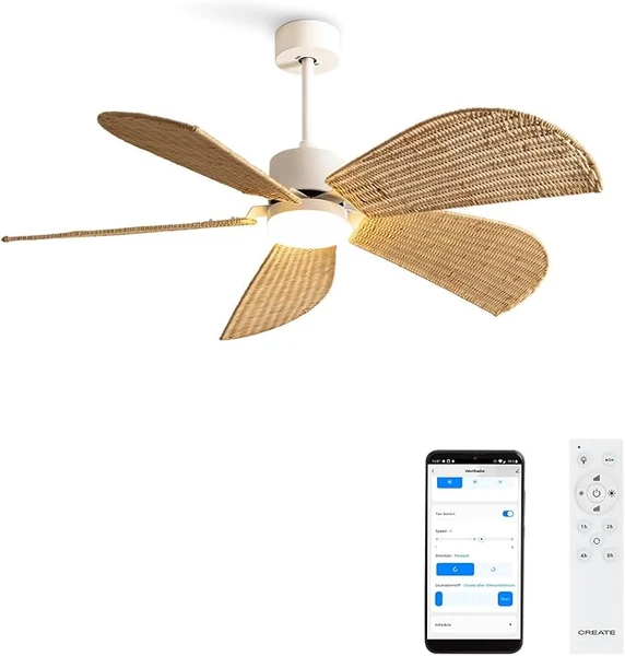 CREATE / WIND RATTAN/Ventilateur de Plafond Blanc Lames en Osier/Avec lumière, avec Wifi/Moteur DC, 40W, 6 vitesses, silencieux, programmable [Classe énergétique F]