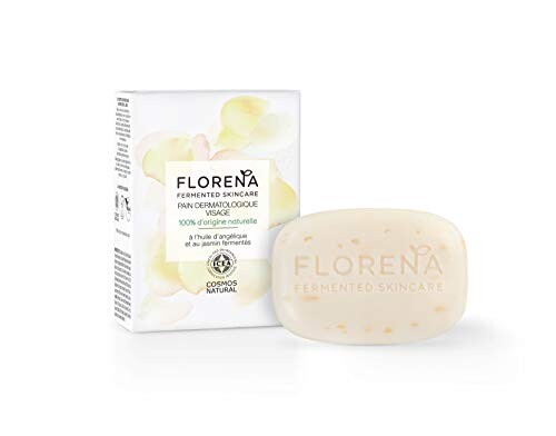 FLORENA Pain Dermatologique Visage à l’Huile d’Angélique &amp; au Jasmin fermentés (1x90g), nettoyant visage sans savon 100% d’ingrédients d’origine naturelle, soin visage anti-impuretés